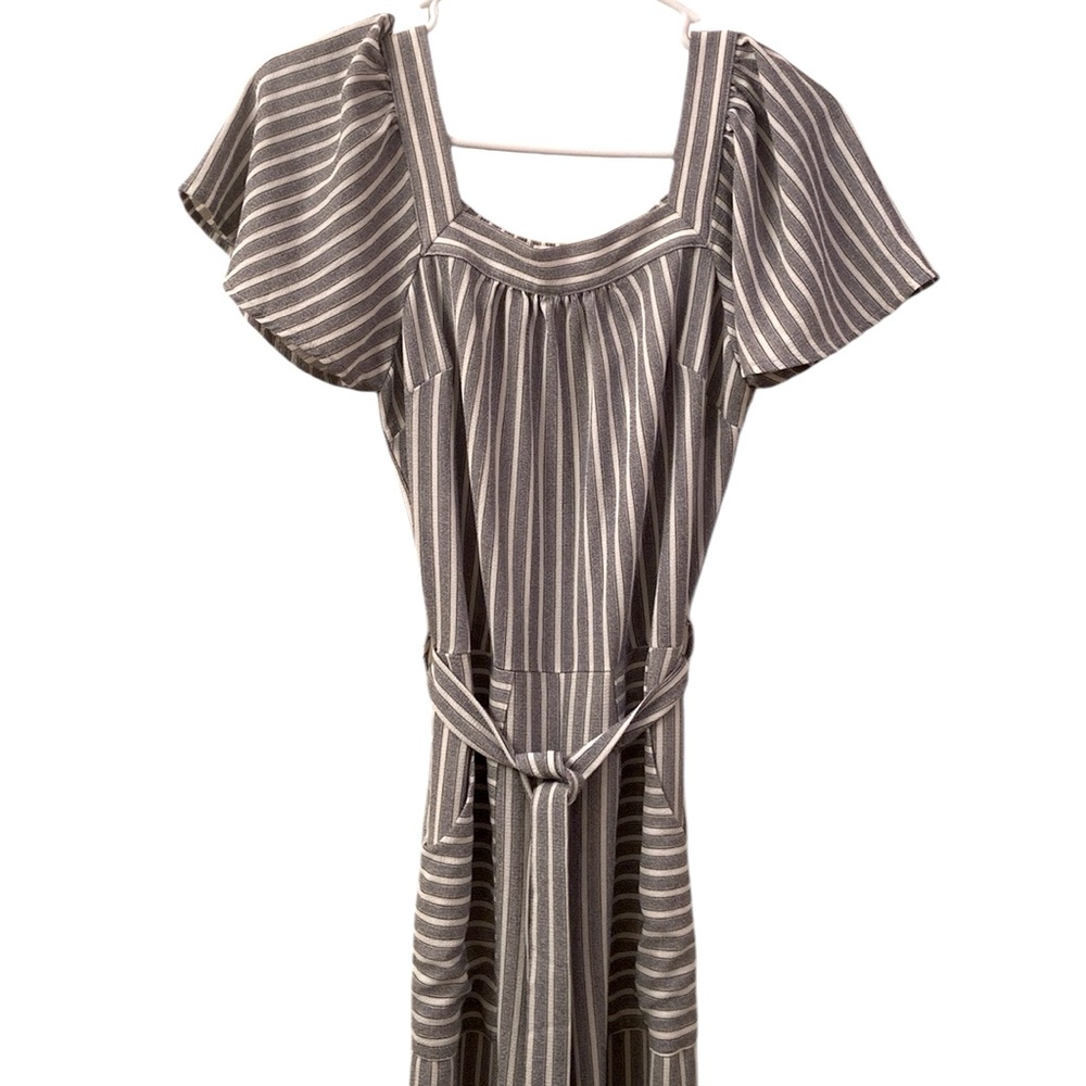 Monteau Jump Suit Pant Suit 1 Piece Grey White Stripe Pockets Elastic WM SZ S